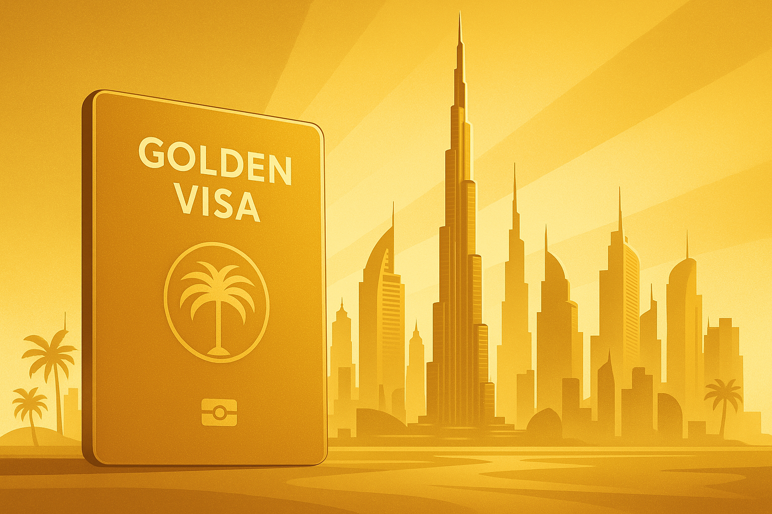 Stylised golden illustration of Dubai skyline with golden passport card representing the UAE Golden Visa program