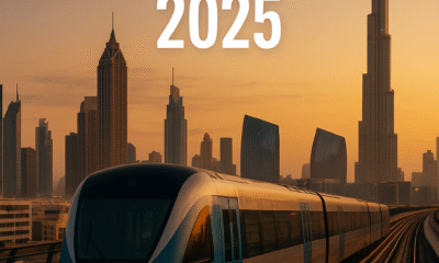 Futuristic metro train gliding through modern Dubai skyline at dusk
