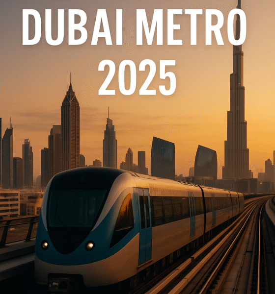 Futuristic metro train gliding through modern Dubai skyline at dusk
