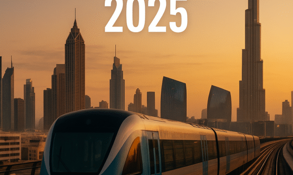 Futuristic metro train gliding through modern Dubai skyline at dusk