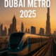 Futuristic metro train gliding through modern Dubai skyline at dusk