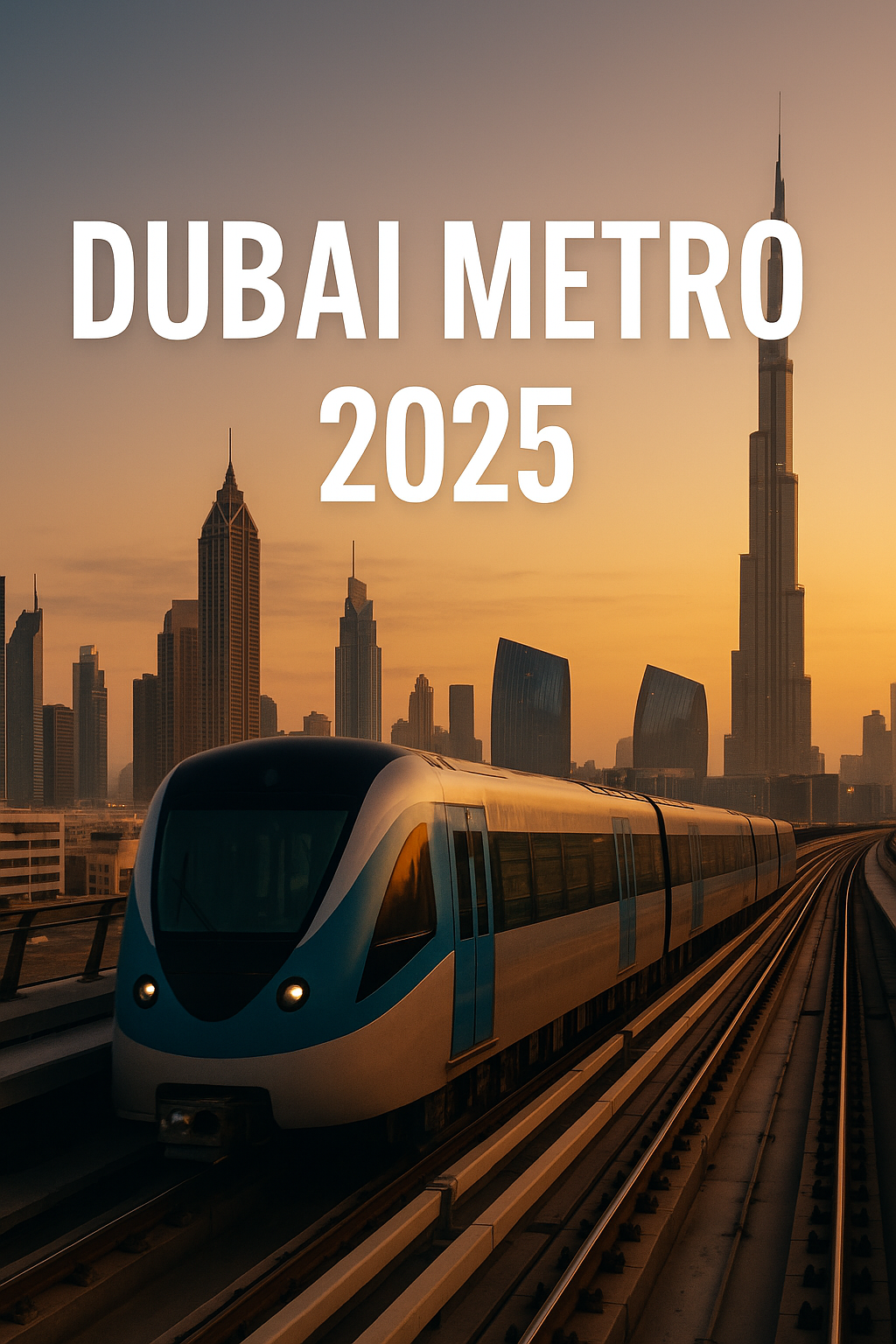 Futuristic metro train gliding through modern Dubai skyline at dusk