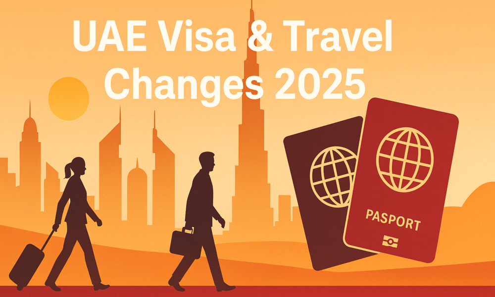 Illustration of Dubai skyline with travellers and passports representing UAE visa and travel changes 2025