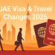 Illustration of Dubai skyline with travellers and passports representing UAE visa and travel changes 2025