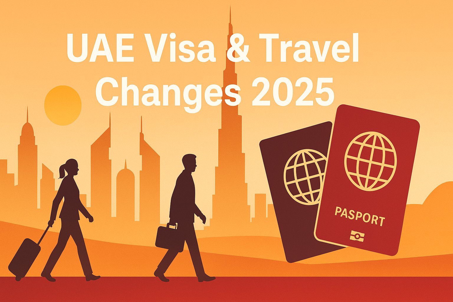 Illustration of Dubai skyline with travellers and passports representing UAE visa and travel changes 2025